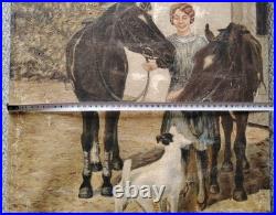 Belle Huile Sur Toile Chevaux Chien Au Paddock Box DébutXXEME École Hollandaise