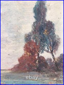 Belle Peinture 1900 Sur Toile Rivière Lac Animé Barbizon Hst Signé Cunge