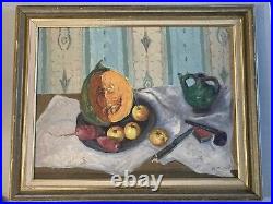 Belle Peinture Huile Sur Toile 1960 nature morte poire fruit Melon Pomme Pipe