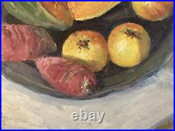 Belle Peinture Huile Sur Toile 1960 nature morte poire fruit Melon Pomme Pipe