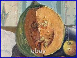 Belle Peinture Huile Sur Toile 1960 nature morte poire fruit Melon Pomme Pipe