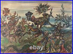 Belle Peinture Huile Toile Paysage Abstrait Surréaliste Cocket 1960 Art Ancien