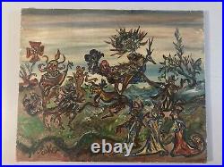 Belle Peinture Huile Toile Paysage Abstrait Surréaliste Cocket 1960 Art Ancien