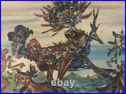 Belle Peinture Huile Toile Paysage Abstrait Surréaliste Cocket 1960 Art Ancien