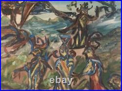 Belle Peinture Huile Toile Paysage Abstrait Surréaliste Cocket 1960 Art Ancien