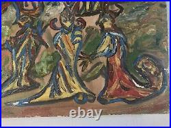 Belle Peinture Huile Toile Paysage Abstrait Surréaliste Cocket 1960 Art Ancien