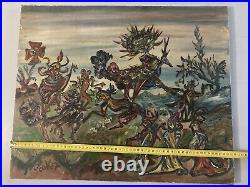 Belle Peinture Huile Toile Paysage Abstrait Surréaliste Cocket 1960 Art Ancien