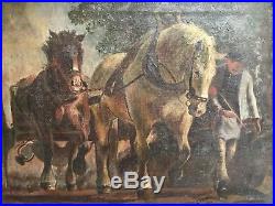 Belle huile sur toile Paysan Breton et ses chevaux signée et datée à identifier