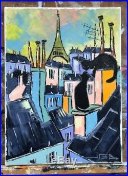 Black Chats Noirs Toits Paris Tour Eiffel Tableau Peinture Huile Original Jiel