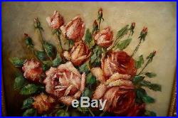 Bouquet de roses. Huile / toile de 1957, signé DUCRET. Cadre doré h 64x54 cm