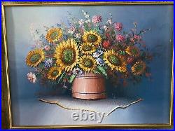 Bouquets de fleurs huile sur toile signé Charles Benolt XXeme cadre doré
