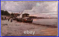 C. 1900+malfroy Charles Ou Henry+superbe Vue Sur Mer Au Crepuscule+scène Animée+