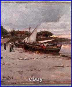 C. 1900+malfroy Charles Ou Henry+superbe Vue Sur Mer Au Crepuscule+scène Animée+