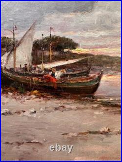 C. 1900+malfroy Charles Ou Henry+superbe Vue Sur Mer Au Crepuscule+scène Animée+