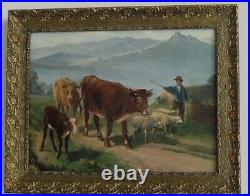 Cadre Ancien Bois Dore Peinture Huile Sur Toile Troupeau Vaches, Moutons