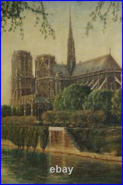 Cathédrale Notre Dame de Paris peinture huile sur toile 1954 signée avec cadre