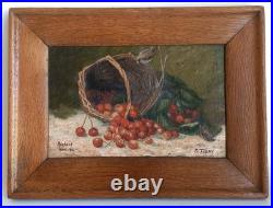 Charmante peinture souvenir cerises et panier sur toile signée datée mars 1916
