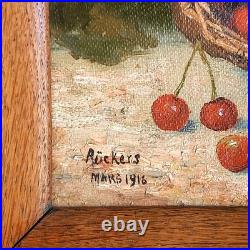 Charmante peinture souvenir cerises et panier sur toile signée datée mars 1916