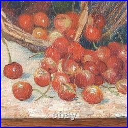 Charmante peinture souvenir cerises et panier sur toile signée datée mars 1916
