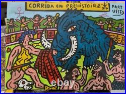 Corrida En Prehistoire -peinture Art Brut Sur Toile Du Peintre Visto