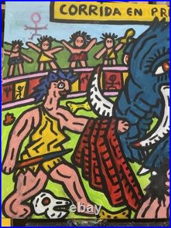 Corrida En Prehistoire -peinture Art Brut Sur Toile Du Peintre Visto