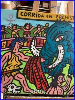 Corrida En Prehistoire -peinture Art Brut Sur Toile Du Peintre Visto