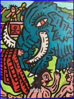Corrida En Prehistoire -peinture Art Brut Sur Toile Du Peintre Visto