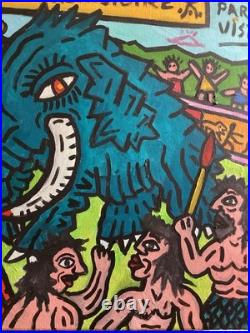 Corrida En Prehistoire -peinture Art Brut Sur Toile Du Peintre Visto