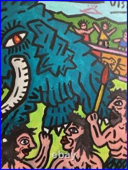 Corrida En Prehistoire -peinture Art Brut Sur Toile Du Peintre Visto