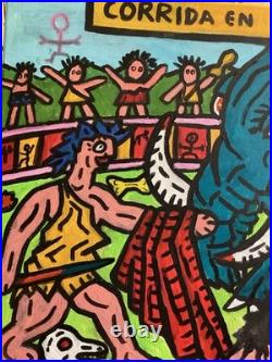 Corrida En Prehistoire -peinture Art Brut Sur Toile Du Peintre Visto