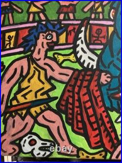 Corrida En Prehistoire -peinture Art Brut Sur Toile Du Peintre Visto