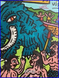Corrida En Prehistoire -peinture Art Brut Sur Toile Du Peintre Visto