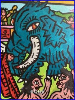 Corrida En Prehistoire -peinture Art Brut Sur Toile Du Peintre Visto