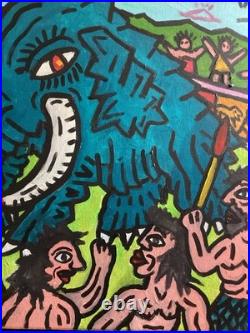 Corrida En Prehistoire -peinture Art Brut Sur Toile Du Peintre Visto