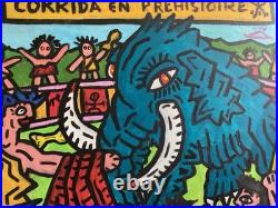 Corrida En Prehistoire -peinture Art Brut Sur Toile Du Peintre Visto
