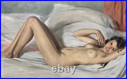 Daniel SABATER Y SALABERT. Nu féminin allongé. Peinture huile sur toile signée