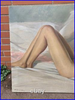 Daniel SABATER Y SALABERT. Nu féminin allongé. Peinture huile sur toile signée