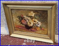 Ecole Française. Tableau signé. Composition de Fleurs. Peinture huile sur toile