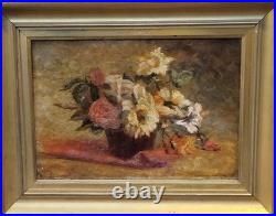 Ecole Française. Tableau signé. Composition de Fleurs. Peinture huile sur toile