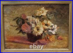 Ecole Française. Tableau signé. Composition de Fleurs. Peinture huile sur toile