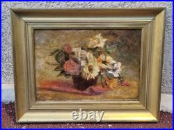 Ecole Française. Tableau signé. Composition de Fleurs. Peinture huile sur toile