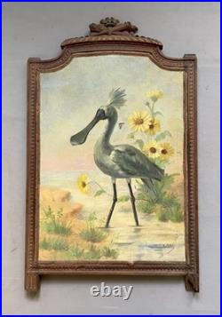 Ecran de cheminée à décor d'échassier, huile sur toile, peinture signée, XIXe