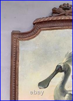 Ecran de cheminée à décor d'échassier, huile sur toile, peinture signée, XIXe