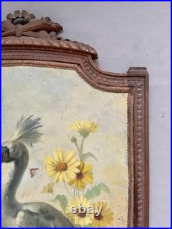 Ecran de cheminée à décor d'échassier, huile sur toile, peinture signée, XIXe