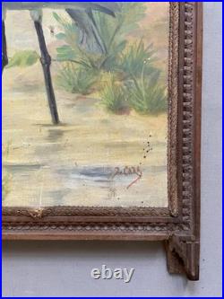 Ecran de cheminée à décor d'échassier, huile sur toile, peinture signée, XIXe