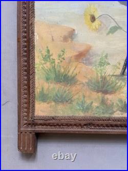 Ecran de cheminée à décor d'échassier, huile sur toile, peinture signée, XIXe