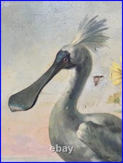 Ecran de cheminée à décor d'échassier, huile sur toile, peinture signée, XIXe