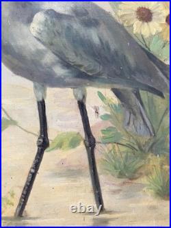 Ecran de cheminée à décor d'échassier, huile sur toile, peinture signée, XIXe