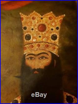 Empereur Perse Fath Ali Shah Kajar Antique Islamic Grande Peinture Qajar HST XXE