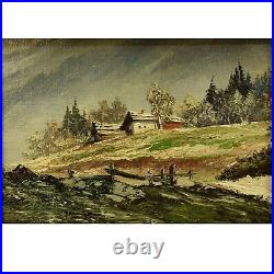 Env. 1950 Ancienne peinture à l'huile Paysage de montagne avec un chalet 37x30cm